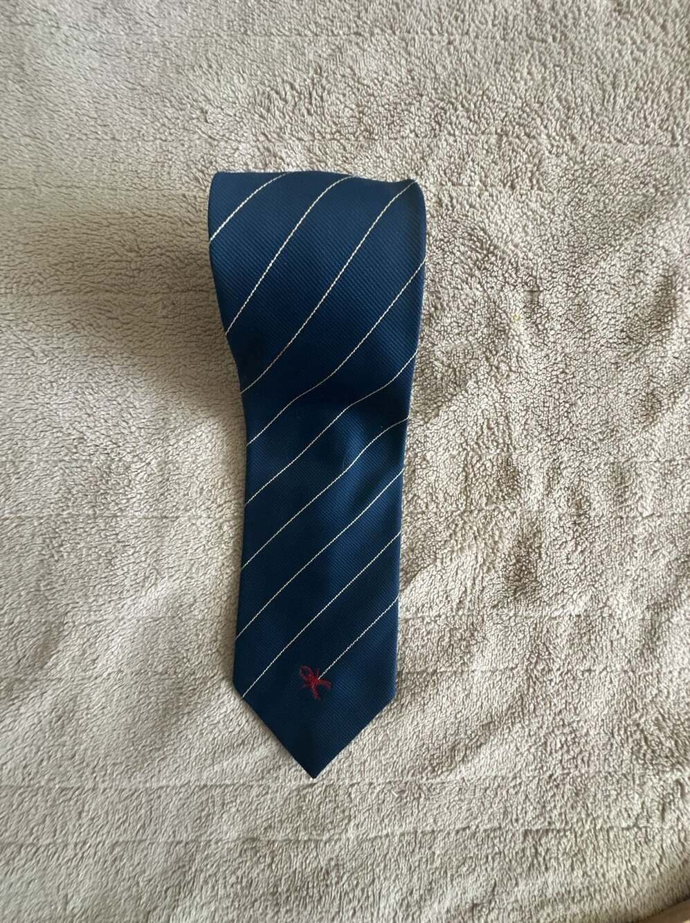Schreter Navy Blue Striped Necktie with Red Embroidered Detail